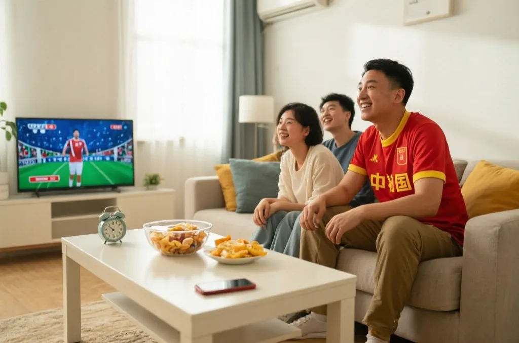 中国球迷在清晨观看世界杯直播的场景